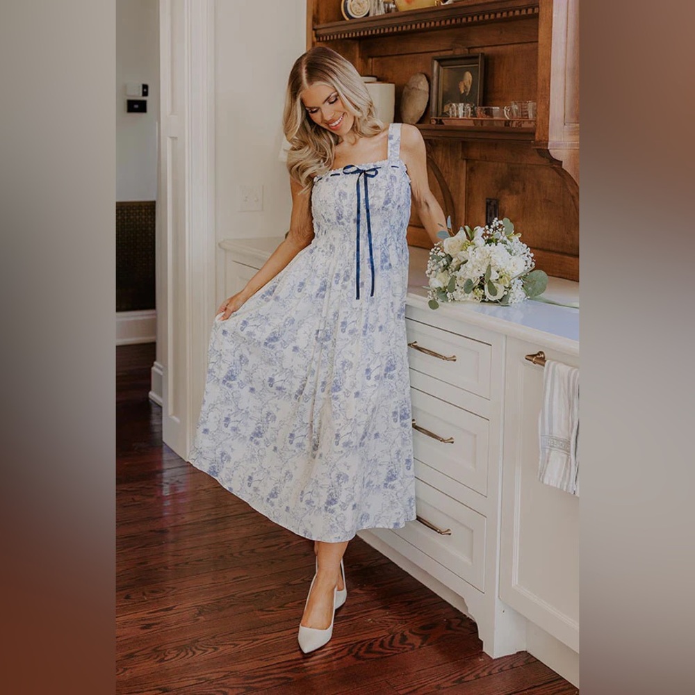 Blue and White Floral Midi Dress